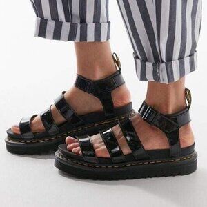 Dr Martens Blaire Patent Leather 3-strap Sandals with Chunky Sawtooth Sole